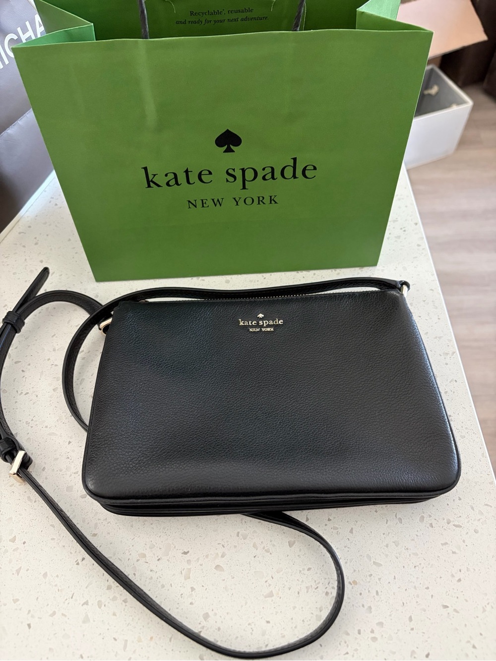 kate spade Black Leather Crossbody with Gold Logo